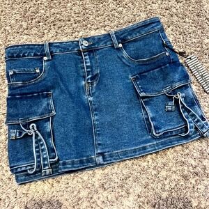 Haute Monde Denim Cargo Mini Skirt Blue Utility Pockets Button Fly Women's L